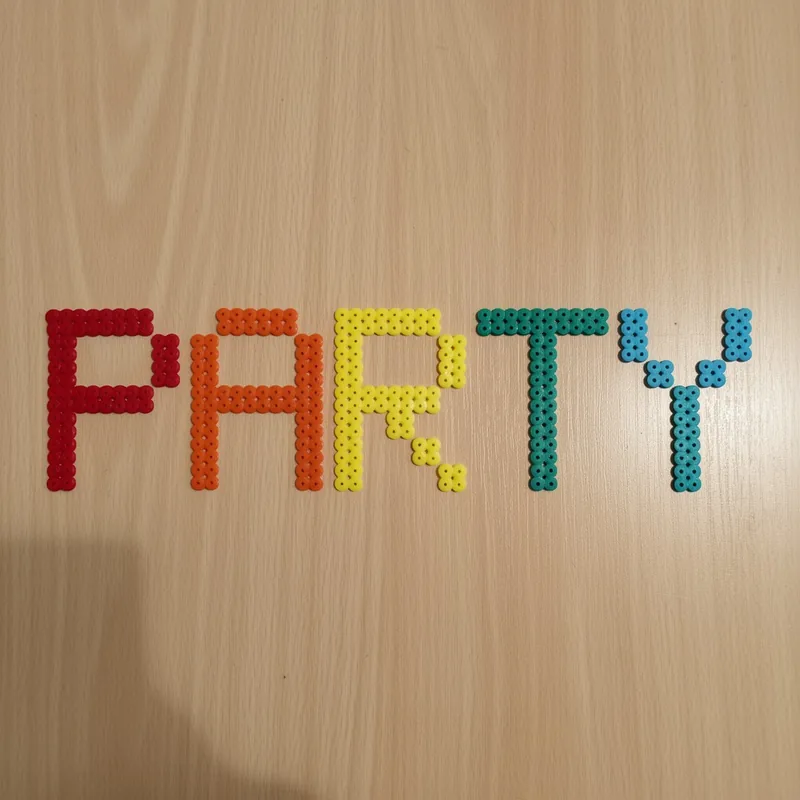 PARTY sign beaded in fuse beads, 58x29 pegs