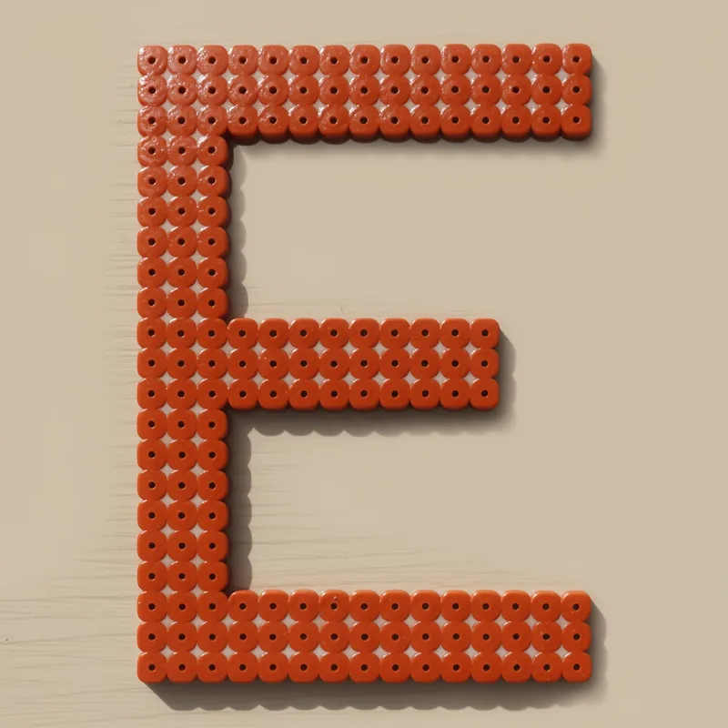 Letter E beaded in fuse beads, 29x29 pegs
